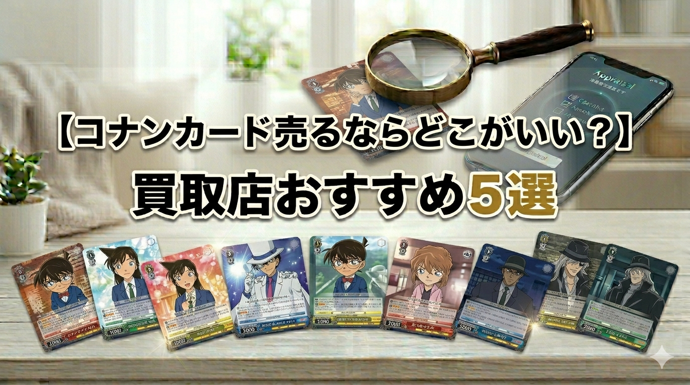 名探偵コナンカードゲーム（コナンカード）買取店のおすすめ5選を比較する、清潔感のあるアイキャッチ画像