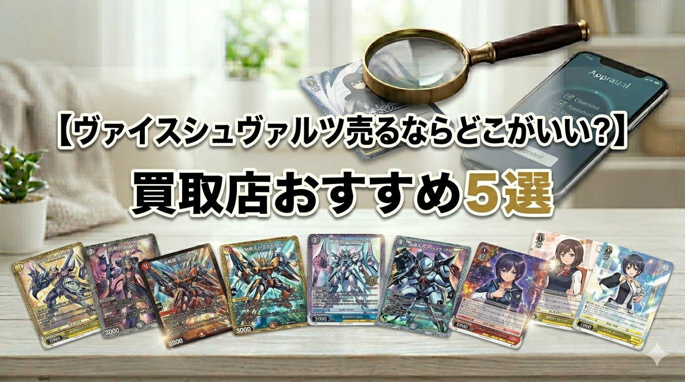 ヴァイスシュヴァルツのカードと、プロの査定を連想させる虫眼鏡やデバイスが配置された買取比較バナー画像