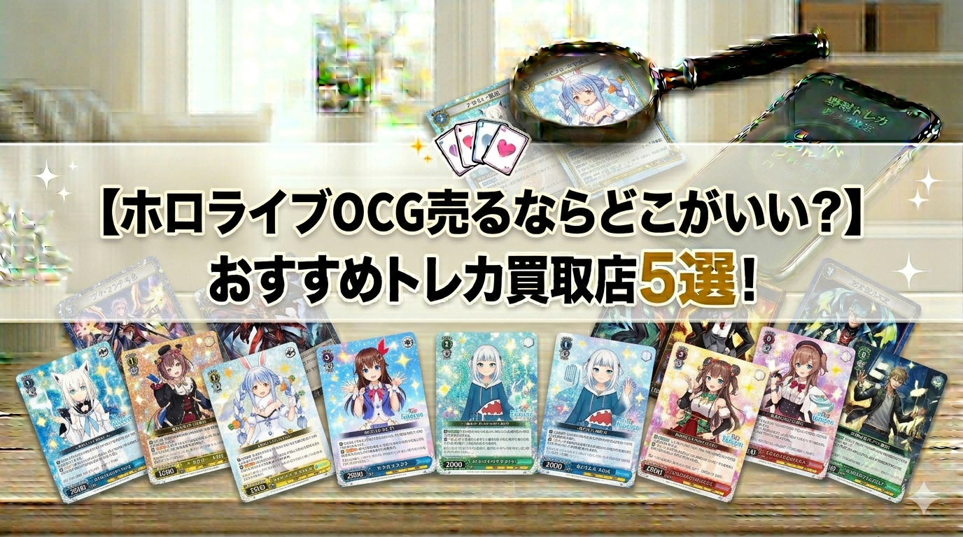 ホロライブカードゲーム（ホロライブOCG / ホロカ）買取店のおすすめ5選を比較する、高価買取をイメージしたアイキャッチ画像
